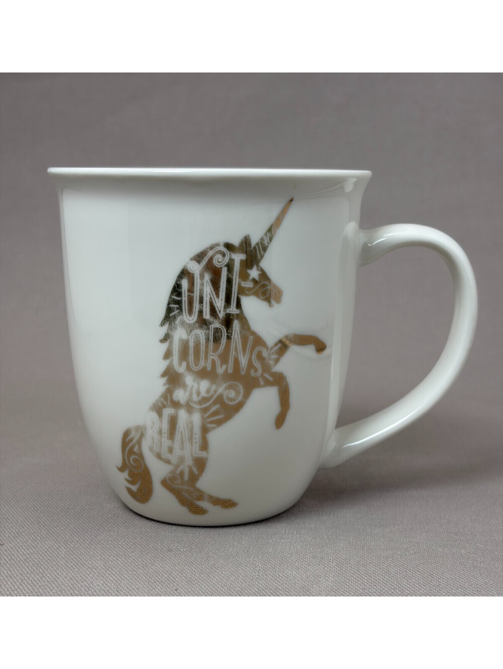 Pfaltzgraff Coffee Mug Unicorns Are Real Metallic Gold White Ceramic Cup 14 oz